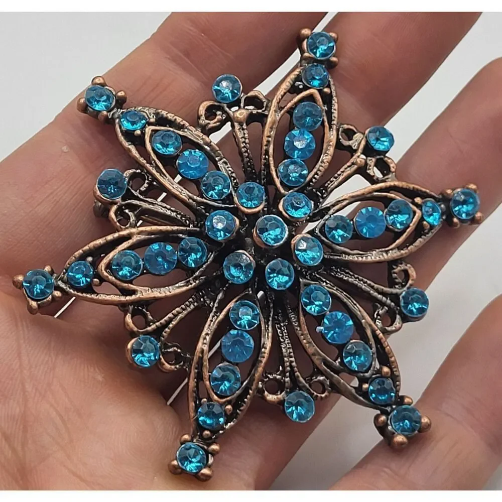 Retro 50s Style Starburst Copper Blue Turquoise Rhinestone Brooch 3in